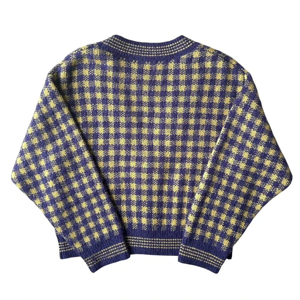 Check Tweed Yellow Purple Fuzzy Knit Cardigan V-Neck Button Front Sweater